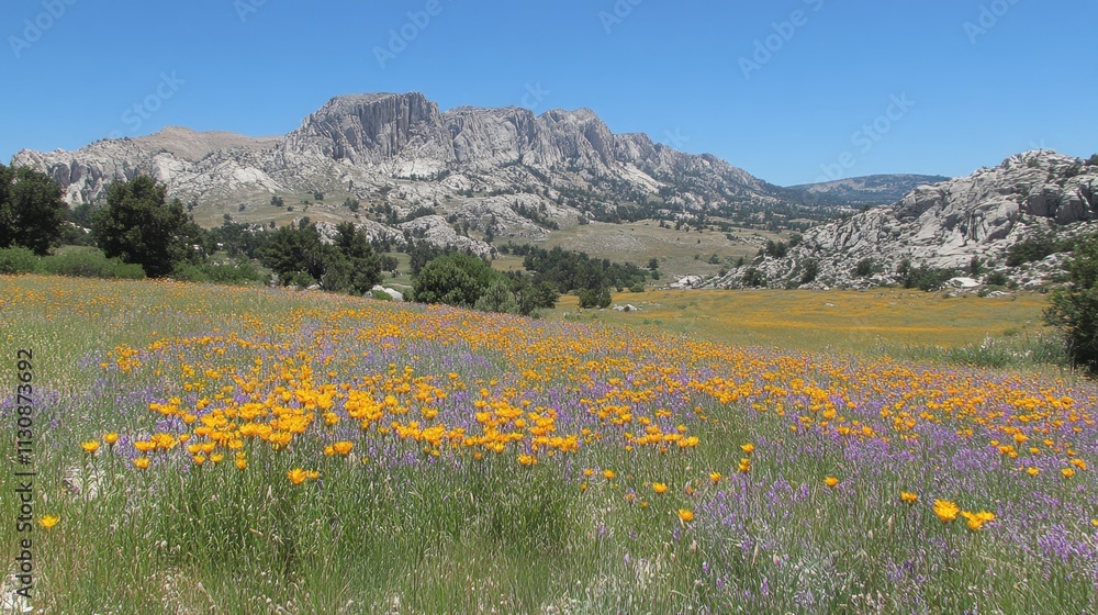 Fototapeta premium A mountain valley with wildflowers blooming along the trails 