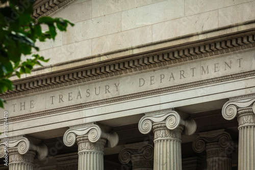 Facade of the US Treasury Department in Washington, DC, Close-up with Copy Space