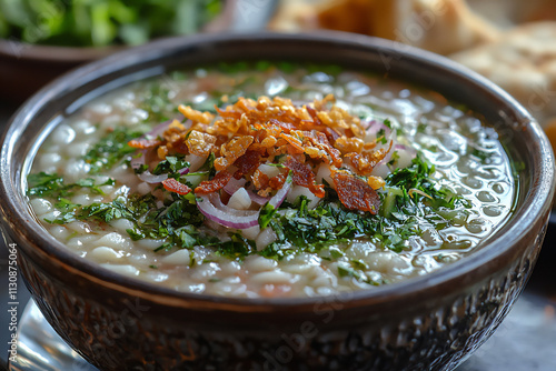 A plate of Persian ash reshteh (herb and noodle soup) topped with fried onions and kashk, served in a traditional Iranian kitchen photo