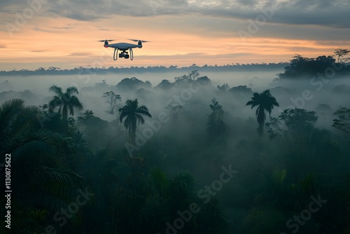 A drone flying over a dense rainforest, capturing images of endangered species for conservation efforts.  photo