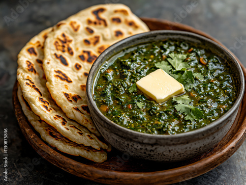 A serving of Indian sarson ka saag (mustard greens curry) with makki ki roti (cornbread), garnished with butter, served on a rustic platter photo