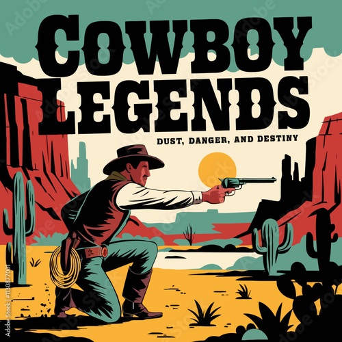 Cowboy legends logo with gunslinger and desert scenery