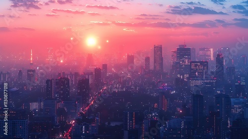 Wallpaper Mural Aerial view of a hazy metropolitan area bathed in the intense glow of a reddish sunrise. Torontodigital.ca