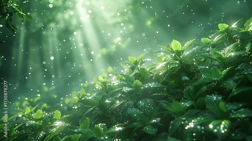 Fototapeta premium Lush green forest undergrowth is illuminated by strong sun rays breaking through the dense canopy.