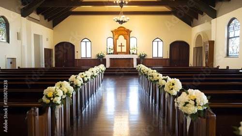 Modern funeral hall featuring wooden benches and a beautifully adorned altar with flowers, designed for respectful and serene funeral ceremonies. photo