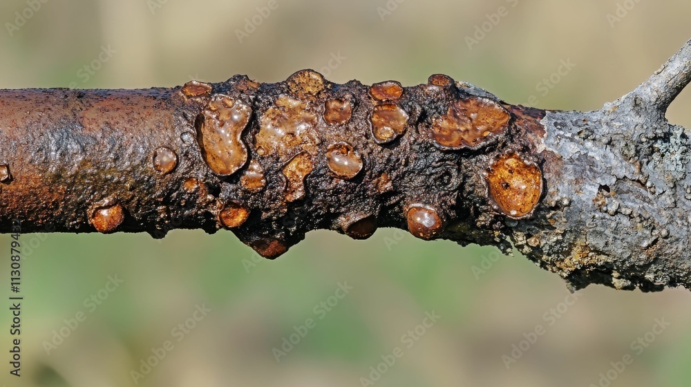 Fototapeta premium Branch lesions, amber resin, decaying wood.