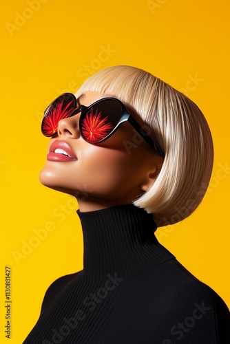 Side view portrait of a white, blonde woman wearing black sunglasses with a reflection of a firework looking up and smiling on a bright yellow background. New Years Eve, celebration vibe