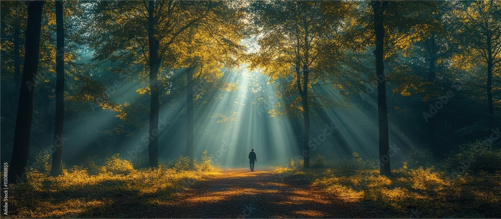 Obraz premium Solitary figure walking on path in sunlit autumn forest.