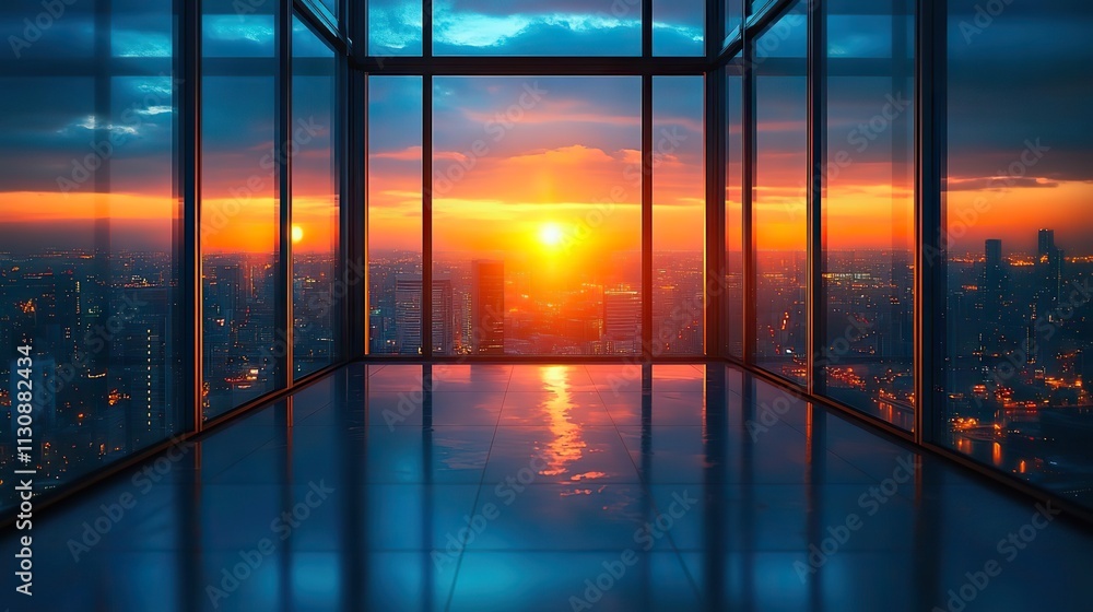 Fototapeta premium A glass office building with city flare at sunrise showcases business and corporate work with architecture, interior light, and an empty room view through a window