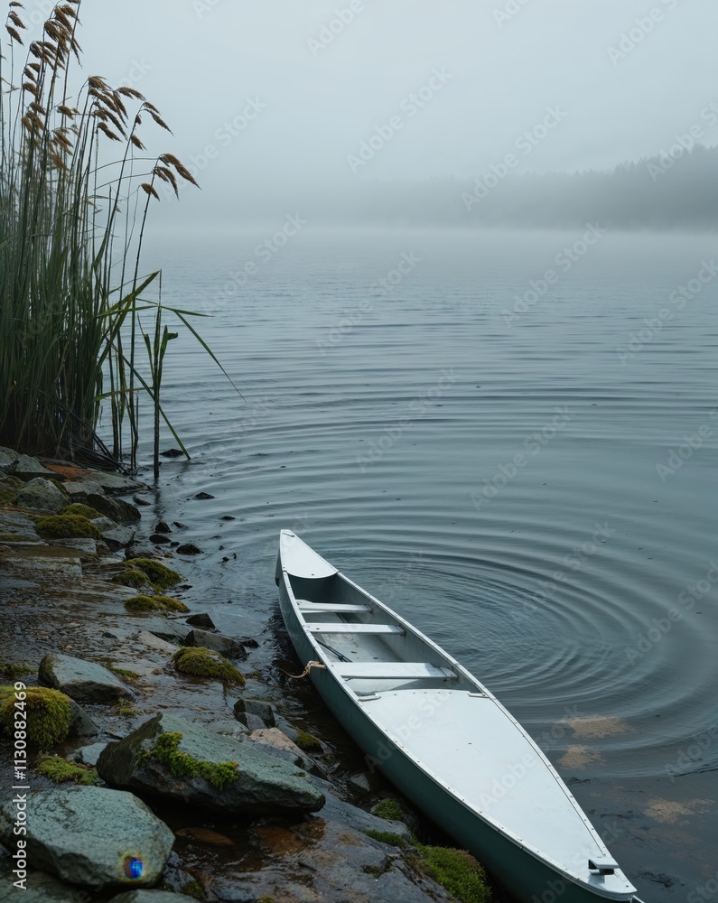 Obraz premium Misty Lake Shore with Raindrops and Calm Waters in Foggy Atmosphere