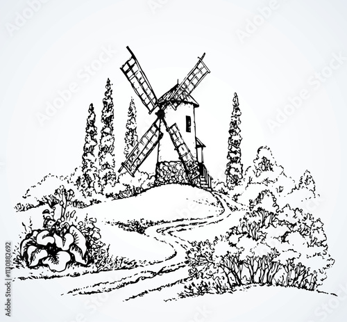 Vector drawing. The outline of the summer landscape with mill