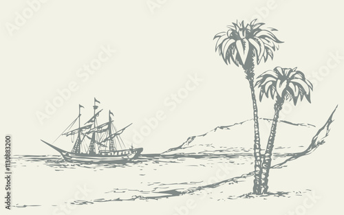 Vector landscape. Sketch of a fishing boat
