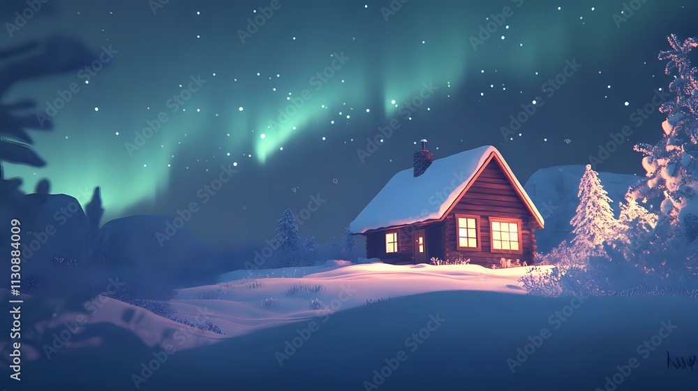 Naklejka premium A Scandinavian-style cabin glowing warmly, set against a snowy field with the northern lights illuminating the sky