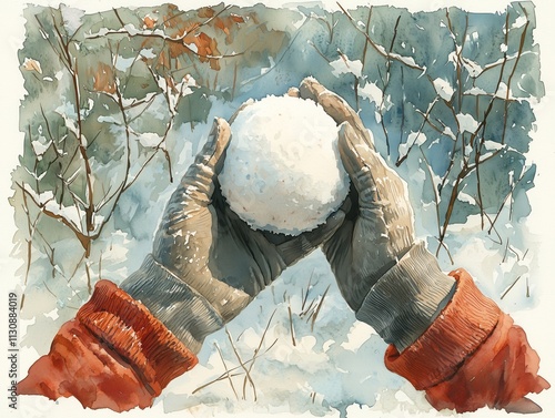 Watercolor style of hands in grey gloves holding a snowball on winter background, with faint silhouettes of snow-laden trees. photo