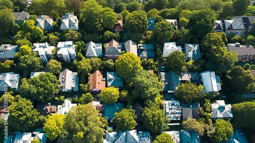 Aerial View of a Residential Neighborhood with Tree-Lined Streets and Houses Surrounded by Greenery in Suburban Area

 photo