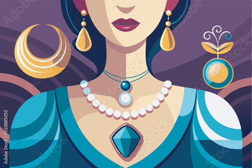 An opulent jewelry ad features a woman in a blue dress adorned with a luxurious blue crystal necklace and matching pearl, gold earrings. Background in deep purple gradient