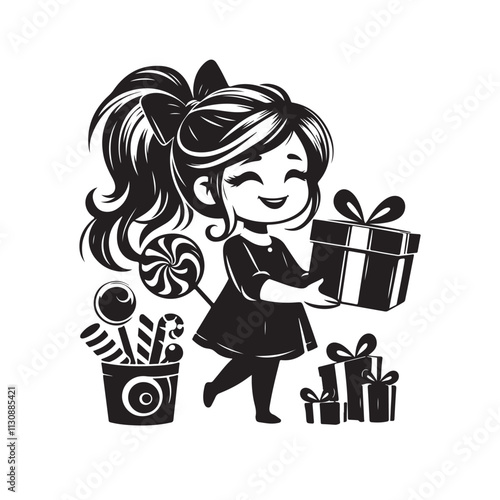 Black silhouette christmas gifts holding the girl