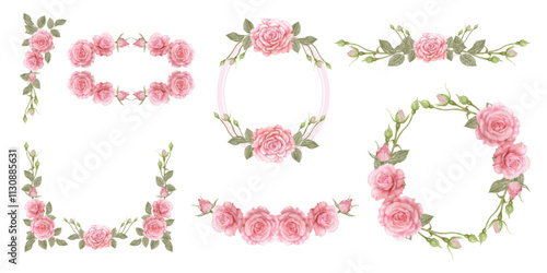 Watercolor floral illustration. Pink rose and laves bouquet