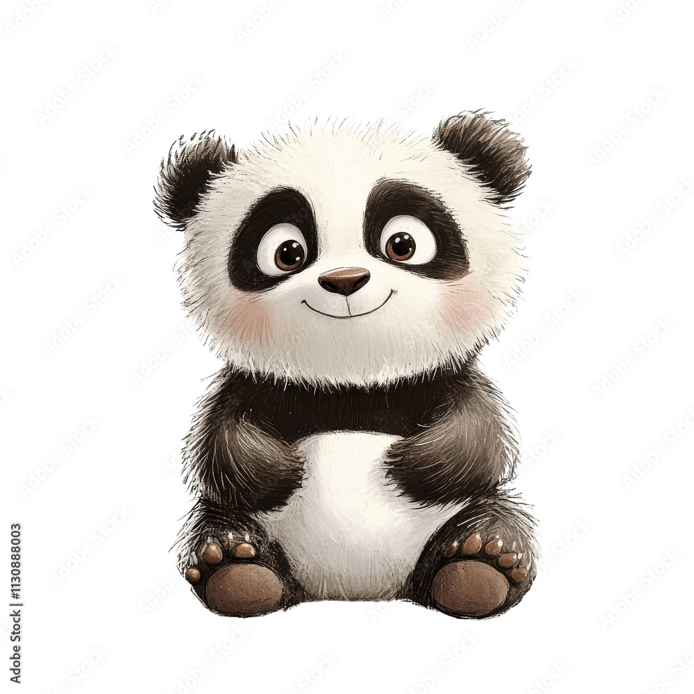 Obraz premium Cute cartoon panda character with friendly expression, sitting happily. This adorable animal illustration features fluffy body and big expressive eyes, perfect for children designs