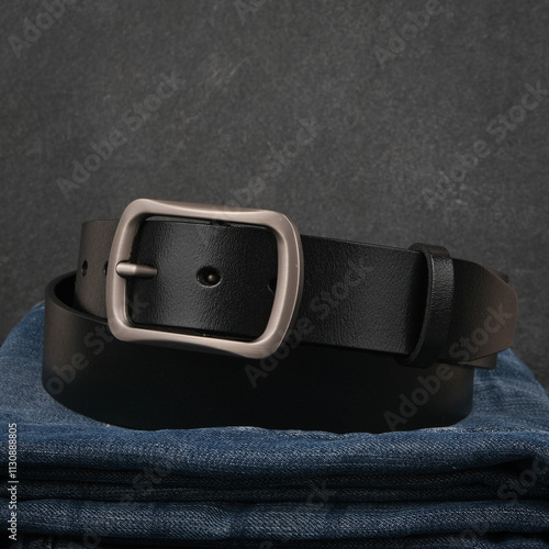 Men's Leather Belt and Blue Jeans on Stone Background