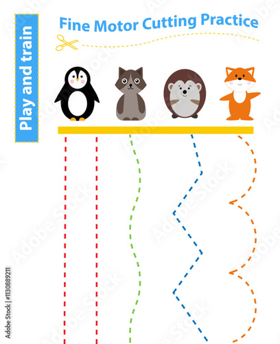 Cutting practice with a penguin, a fox, a cat and a hedgehog. Hand trainer.