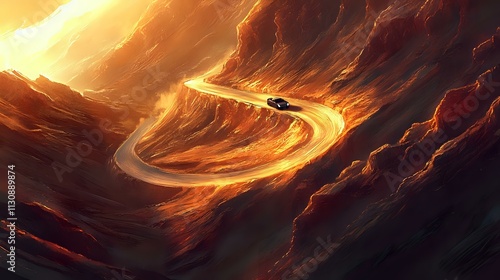 A bird's eye view of a winding desert canyon road with rocky cliffs bathed in golden light as a sleek car races through photo