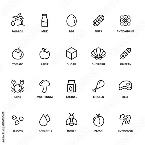 Allergen line icon big set. Nut, corn, milk, honey, gluten, mustard, gmo, sesame, lactose fish, egg, shellfish free. Organic and natural food labels. Allergy warning ingredients. Vector illustration.