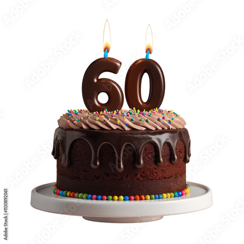 60th birthday chocolate cake with frosting, colorful sprinkles, and number 60 candle, isolated on white or transparent background