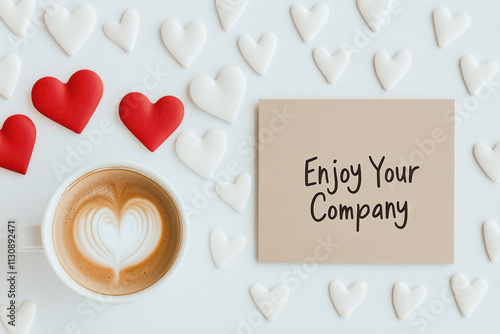 A festive Galentine's Day card surrounded by heart decorations and a latte with heart-shaped foam, celebrating friendship and joy