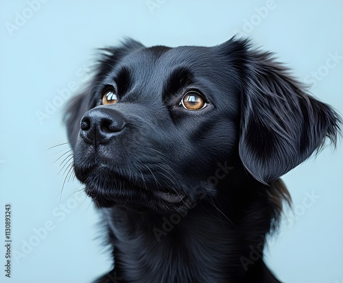 A cute, black Labrador Retriever puppy sits on a white background, looking at the camera photo