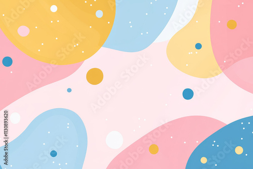 A playful abstract colorful background with polka dots in various sizes and shades of pastel pink, yellow, and blue.