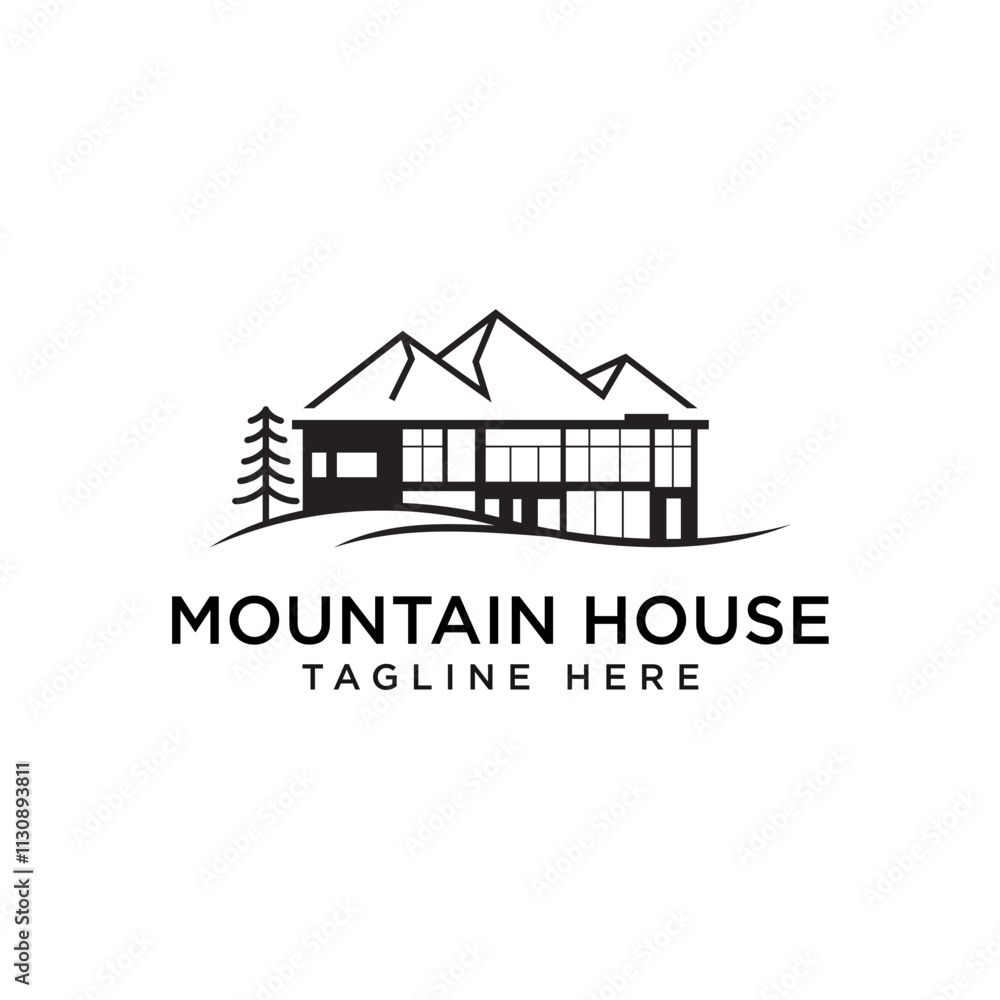 Fototapeta premium Mountain house and pine tree vector logo