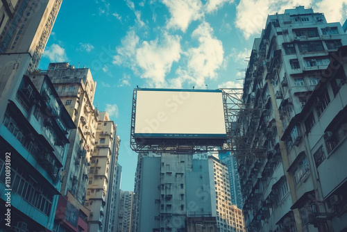 blank canvas billboard white screen design for display advertising banner outdoor with skyper building. large mockup ad banner photo