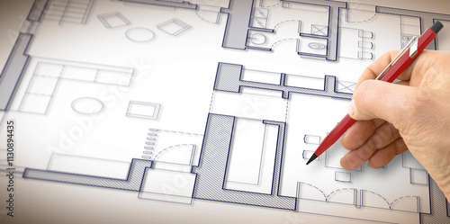 Architect drawing a planimetry of a residential building - concept image photo