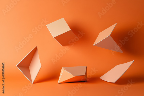 Free Download Floating geometric shapes in pastel orange hues harmoniously arranged on a warm orange background. - GFXLoad
