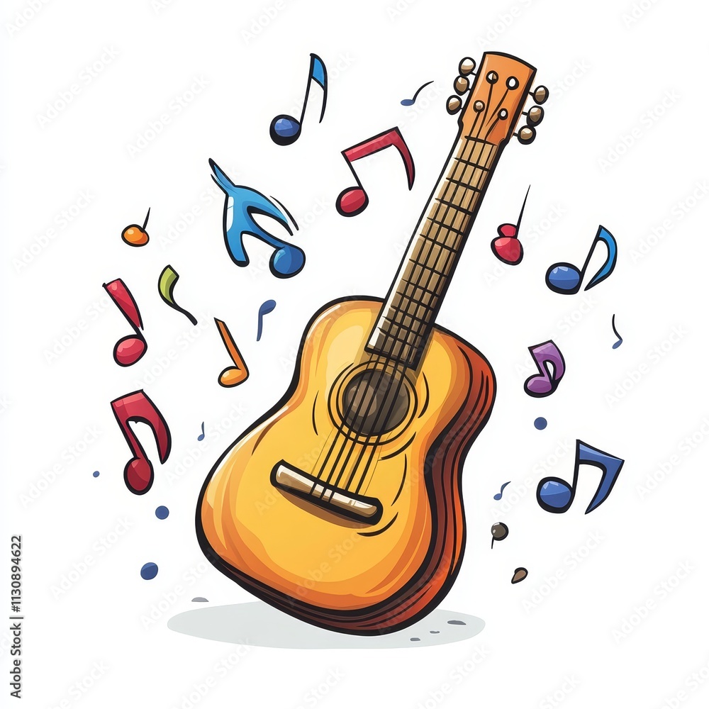 Naklejka premium A cartoon guitar playing itself while surrounded