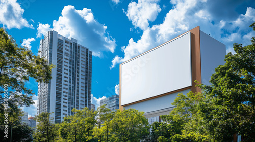 blank canvas billboard white screen design for display advertising banner outdoor with skyper building. large mockup ad banner photo