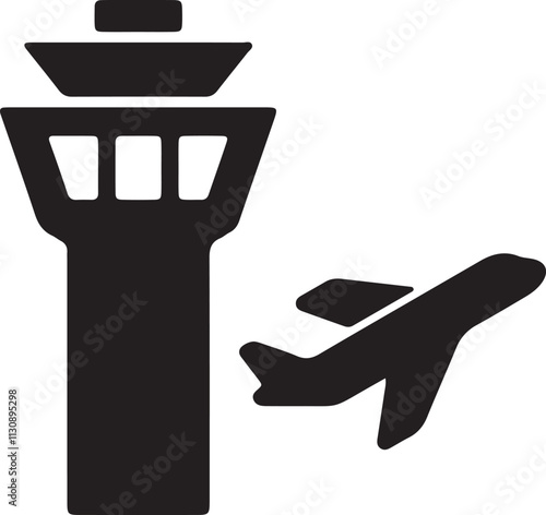 Illustration of a silhouette icon featuring an airplane and an airport control tower