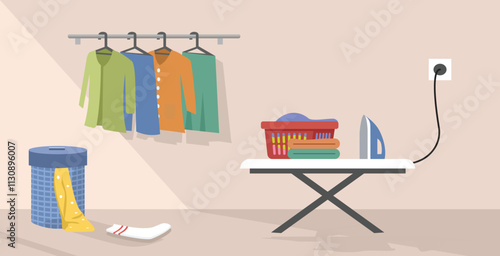 Hanging clothes. Cleaned clothes. Ironed clothes. Basket clothes. Laundry room. Laundry service.