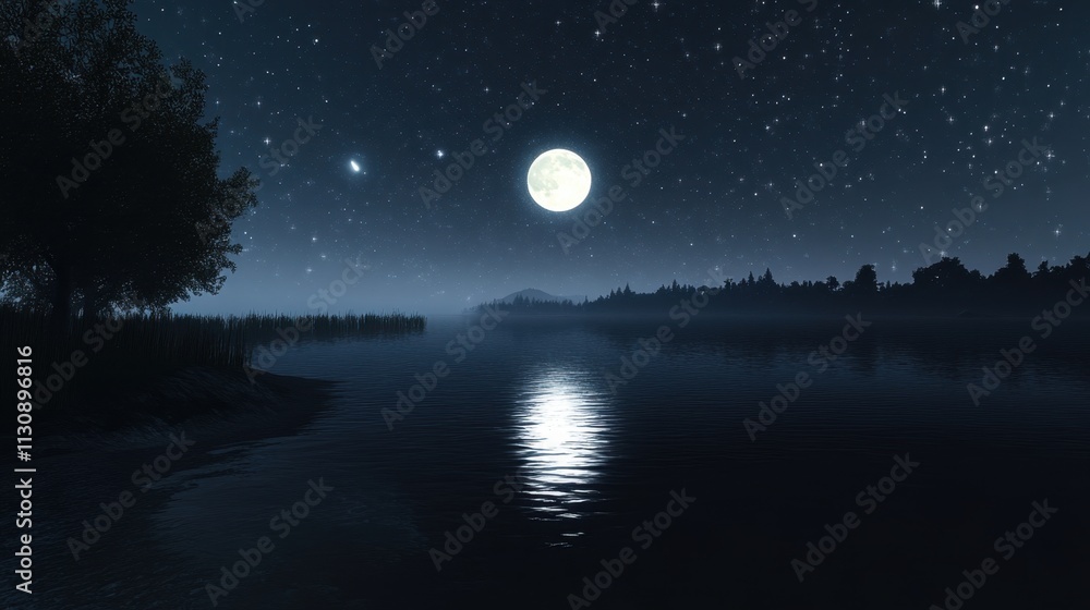 Fototapeta premium Star-filled night sky with a full moon reflecting on serene waters, creating a peaceful and mystical landscape