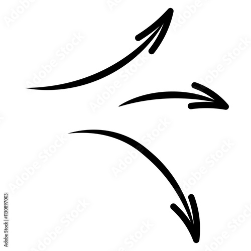 Three arrows. Sketch. Set of sharp pointers directed to the right. Vector illustration. Curved direction signs. Outline on isolated white background. Doodle style. Idea for web design.
