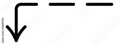 Dotted arrow. Sketch. Black pointer bent at right angle, pointing left and down. Hand drawn vector illustration. Outline on isolated white background. Doodle style. Idea for web design.