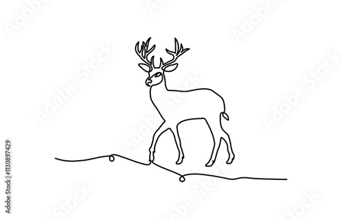 One continuous line drawing of Christmas reindeer, continuous single drawn one line Christmas deer drawn by hand picture silhouette, Continuous one line drawing of Christmas deer.