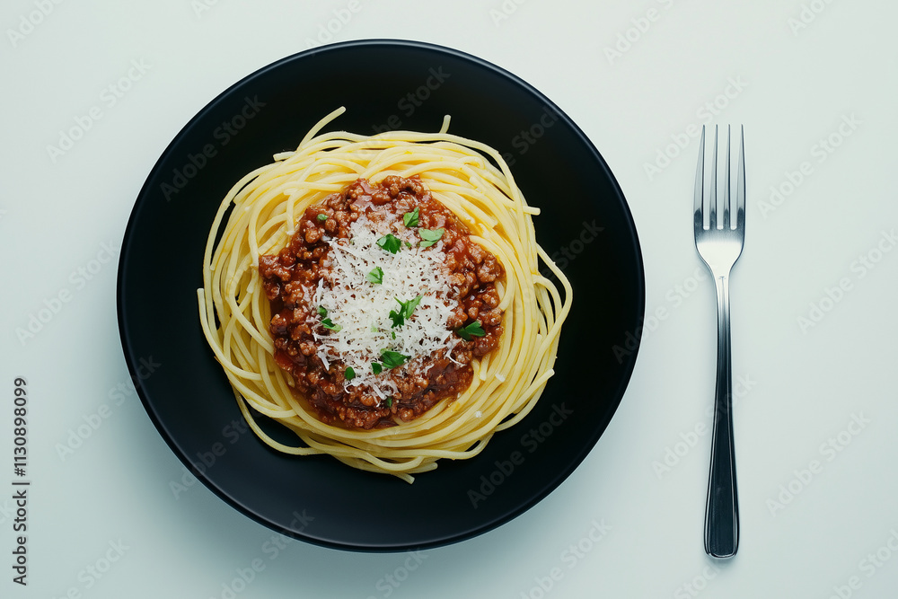 Fototapeta premium A black ceramic plate of Spaghetti Bolognese with a fork top down view.