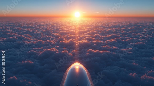 Aerial view of a sunrise over a vast cloud sea, with a metallic aircraft nose pointed towards the sun. photo