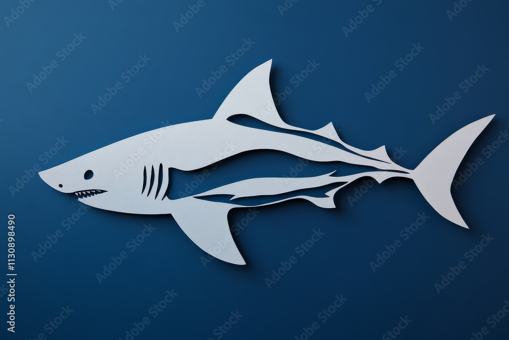Fototapeta premium Paper cut, tiger shark on deep blue background, dynamic forms and sharp contrasts, ocean predator theme.