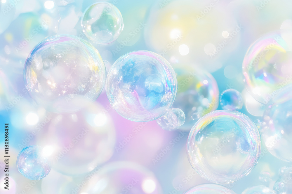 A dreamy scene of iridescent bubbles in soft blues, pinks, and yellows, scattered on a bright white and pastel background. A dreamy scene of iridescent bubbles in soft blues, pinks, and yellows, scattered on a bright white and pastel background.