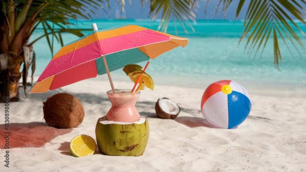 custom made wallpaper toronto digitalorange cocktail glass with fruit slice and straw on tropical beach background. summer vacation. copy space