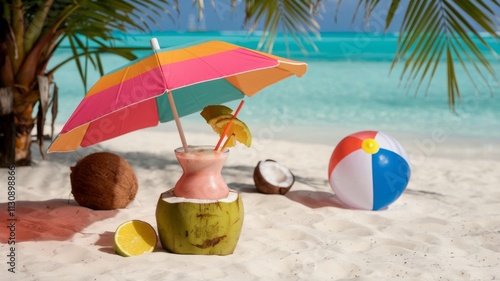 Wallpaper Mural orange cocktail glass with fruit slice and straw on tropical beach background. summer vacation. copy space Torontodigital.ca