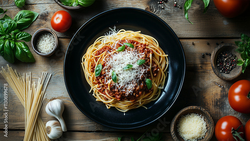 A plate of Spaghetti Bolognese with ingredient and seasoning. photo